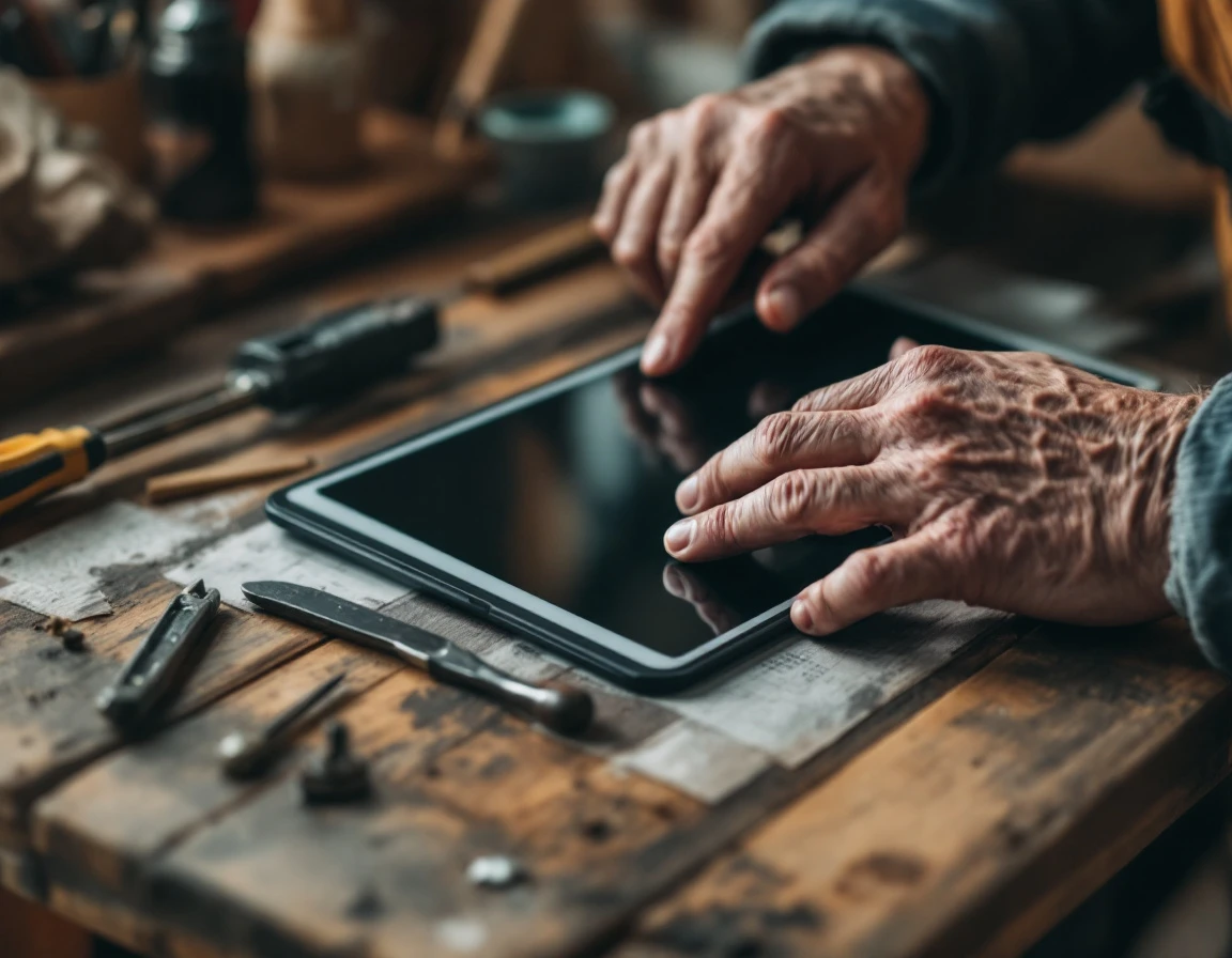 Experienced worker's hands using tablet on wooden workbench alongside traditional tools