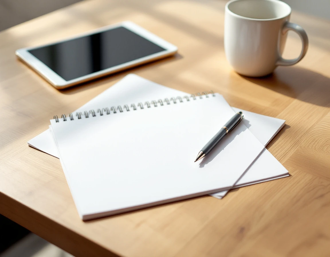 Minimalist training workspace with blank notebook, tablet, and coffee on wooden desk