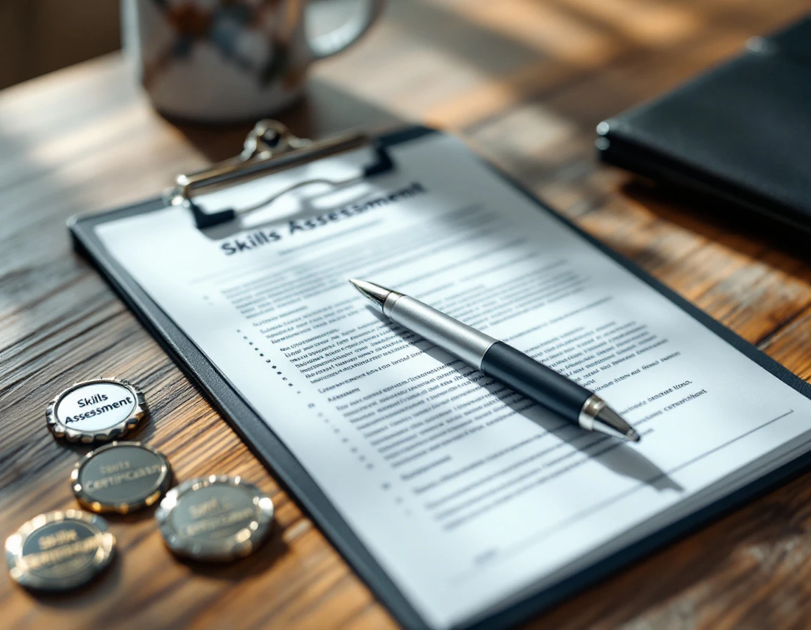 Clipboard with blurred assessment documents and certification badges on wooden desk