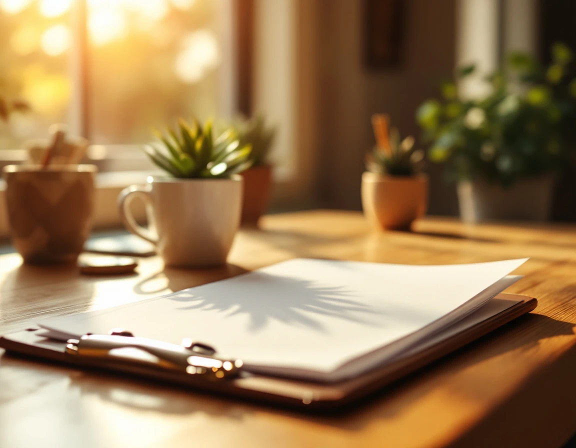 Blank clipboard on wooden desk with coffee mug and plants in natural sunlight for staff readiness evaluation