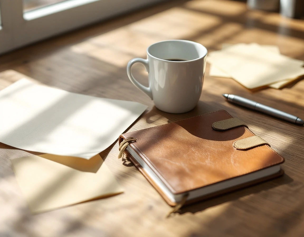 Organized wooden desk with coffee, notebook, and blank papers in natural window light