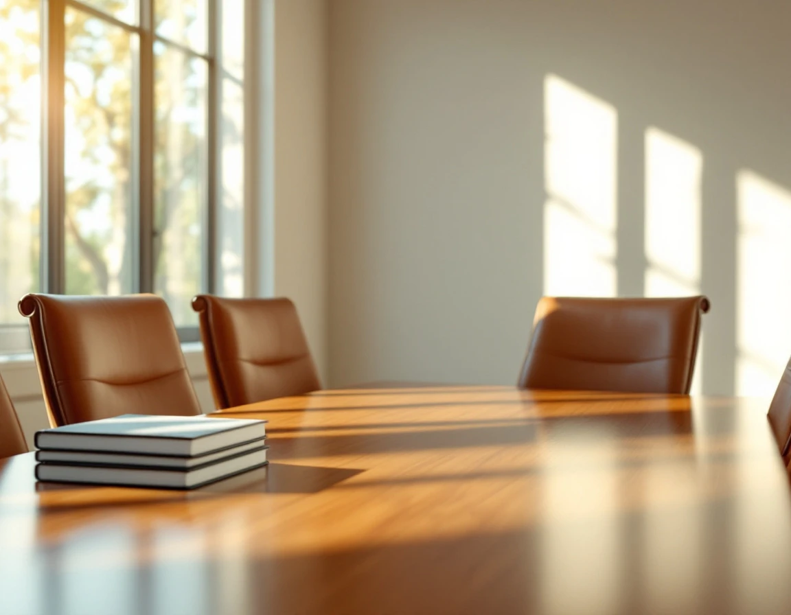 Professional conference room with leather chairs and wooden table prepared for healthcare compliance training session