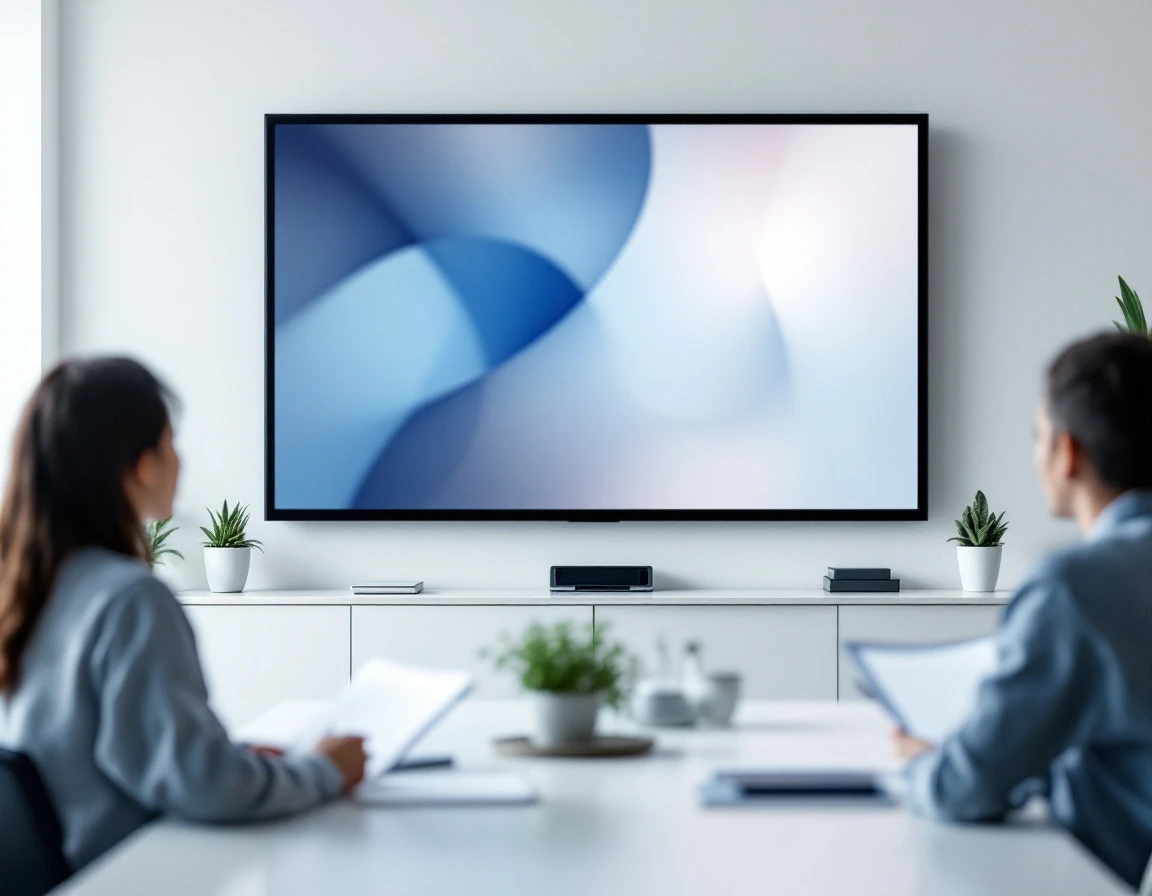 Healthcare professionals in modern training room reviewing compliance materials with abstract display screen