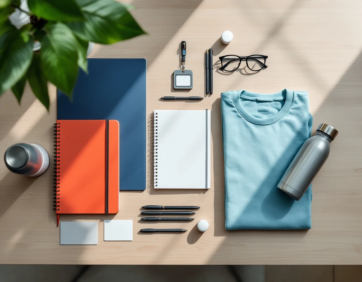 Flat-lay of blank orientation materials, badges, notebooks, and welcome items for new retail employee training