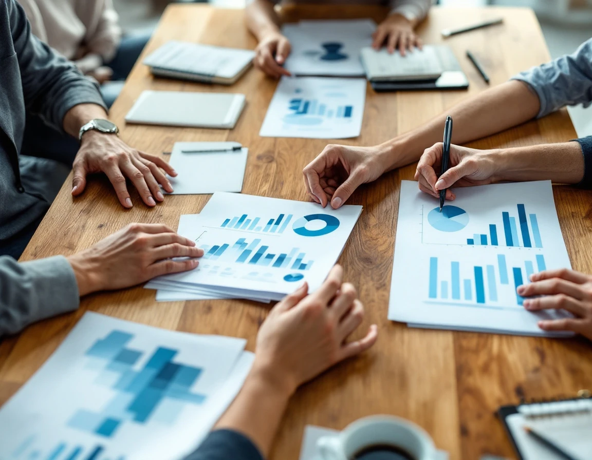 Hands reviewing printed analytics reports and data charts on wooden conference table during onboarding assessment
