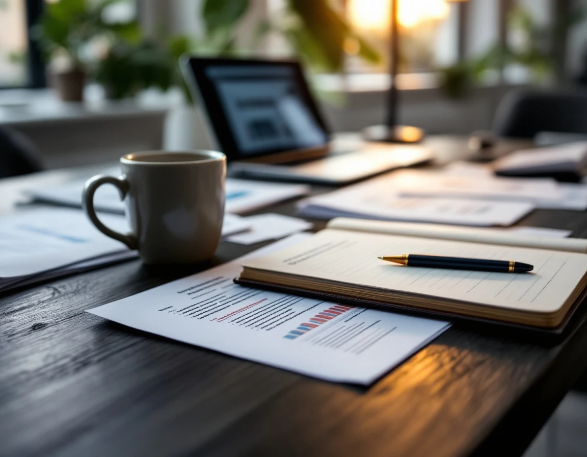 Office desk with business reports, coffee, and training materials in natural lighting