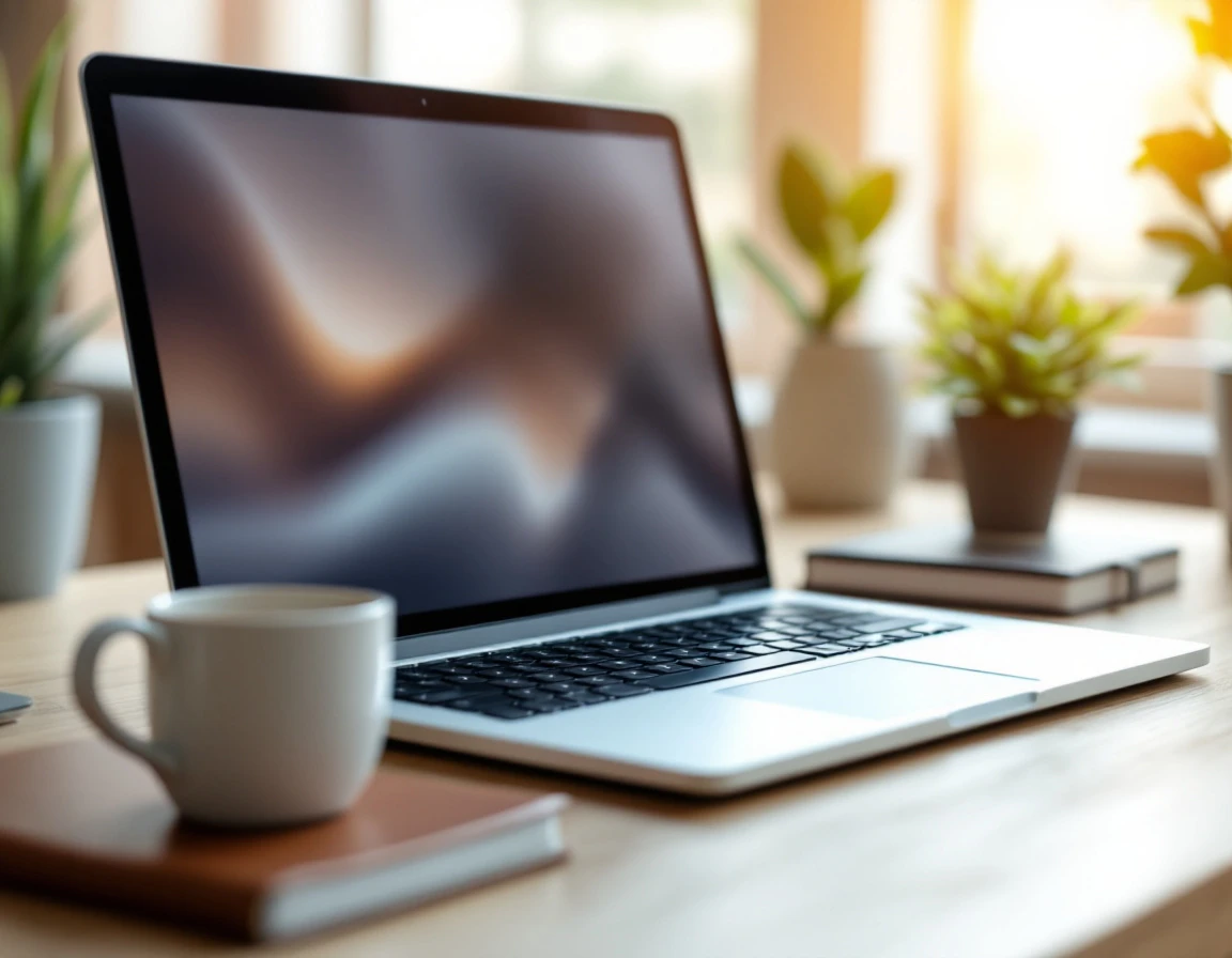 Professional desk workspace with laptop, coffee, and notebook in warm natural lighting