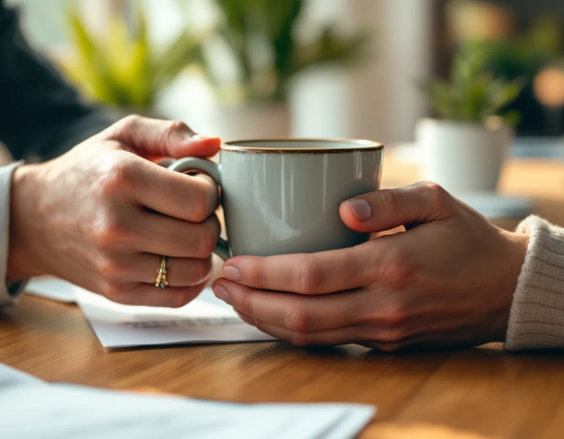 Hands holding coffee mug during training session in bright office with soft natural lighting
