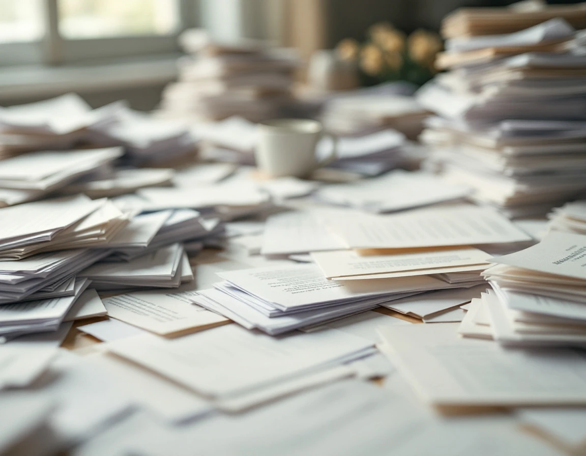 Cluttered desk with stacked papers and scattered documents creating visual chaos and overwhelming paperwork volume