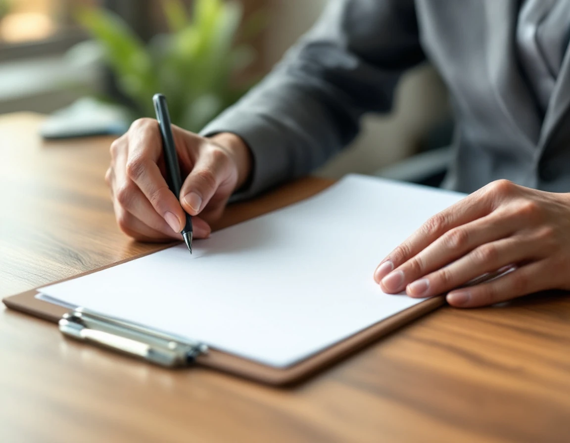 Professional hands holding blank document over wooden desk with clipboard in natural office lighting