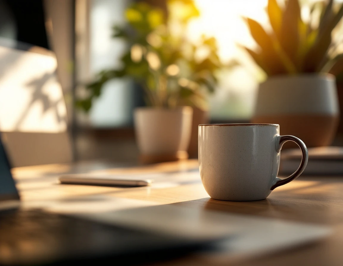 Coffee mug and laptop on wooden desk with soft natural lighting and office plants in background