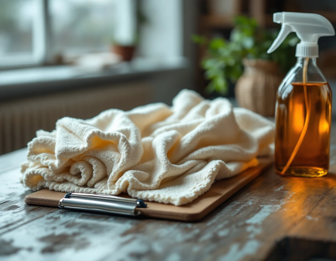 Cleaning supplies and cloth rags arranged on wooden table in natural daylight during training session