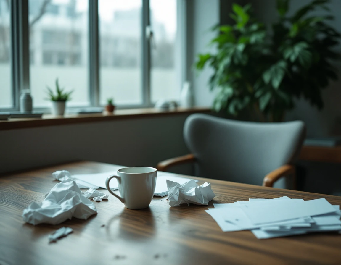 Abandoned coffee mug and scattered papers on office breakroom table suggesting workplace conflict