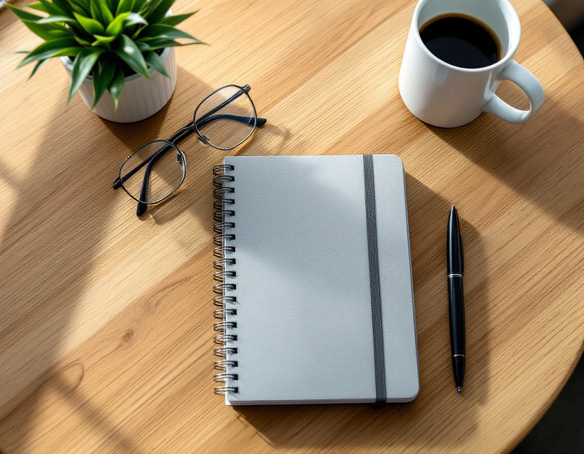 Clean manager's desk with closed notebook, pen, and coffee mug ready for workplace incident documentation