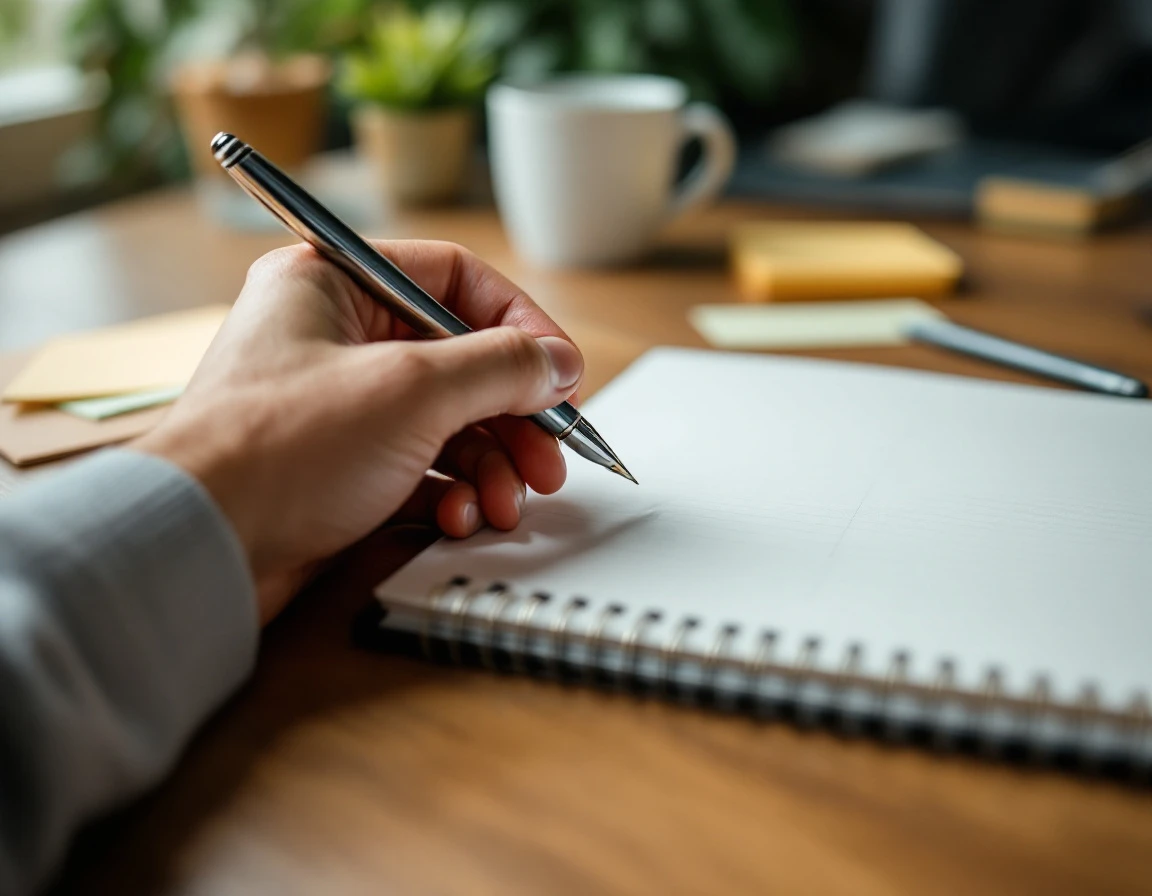 Hand holding pen over blank planner with coffee cup and sticky notes on wooden desk