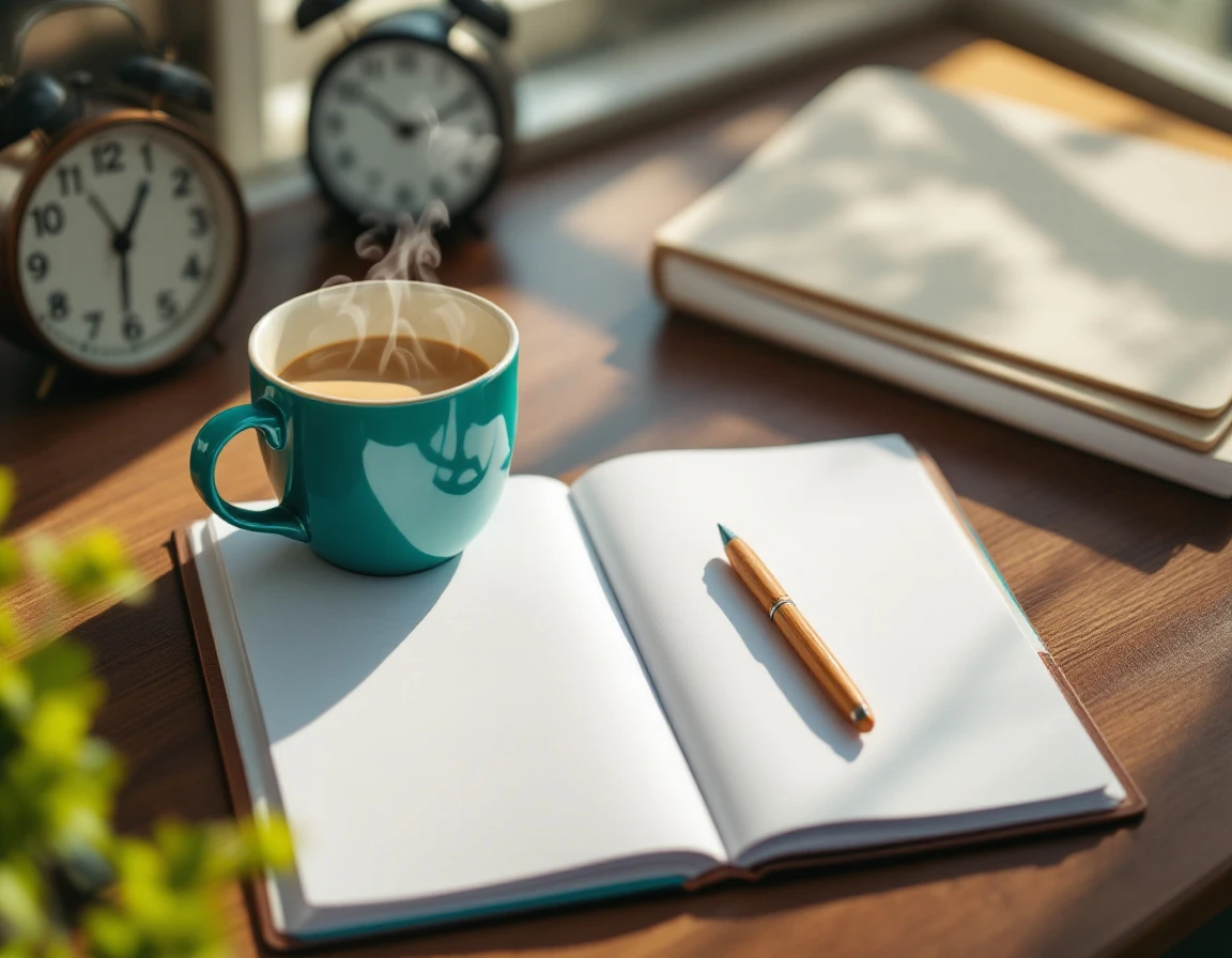 Overhead view of office desk with open blank planner, teal coffee mug, pen, and training materials