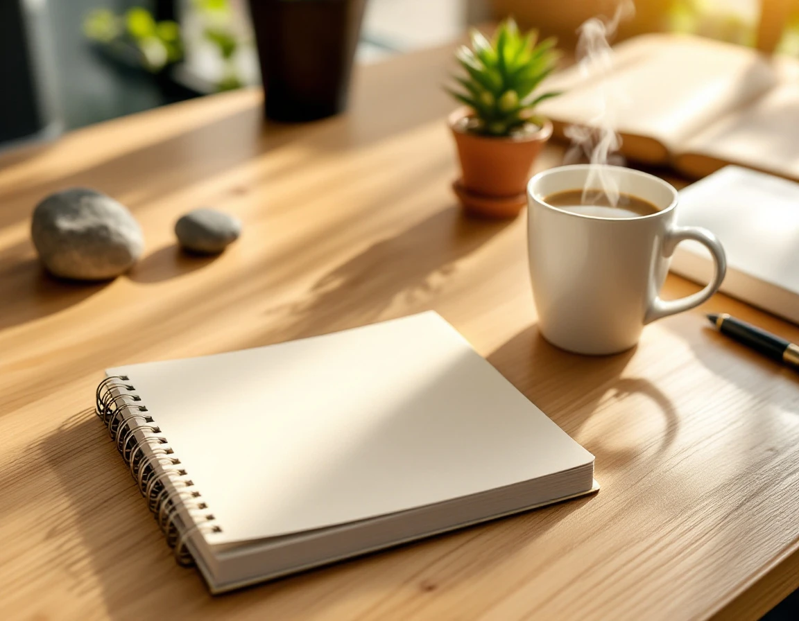 Clean office desk with notebook, coffee mug, and plant showing organized onboarding workspace