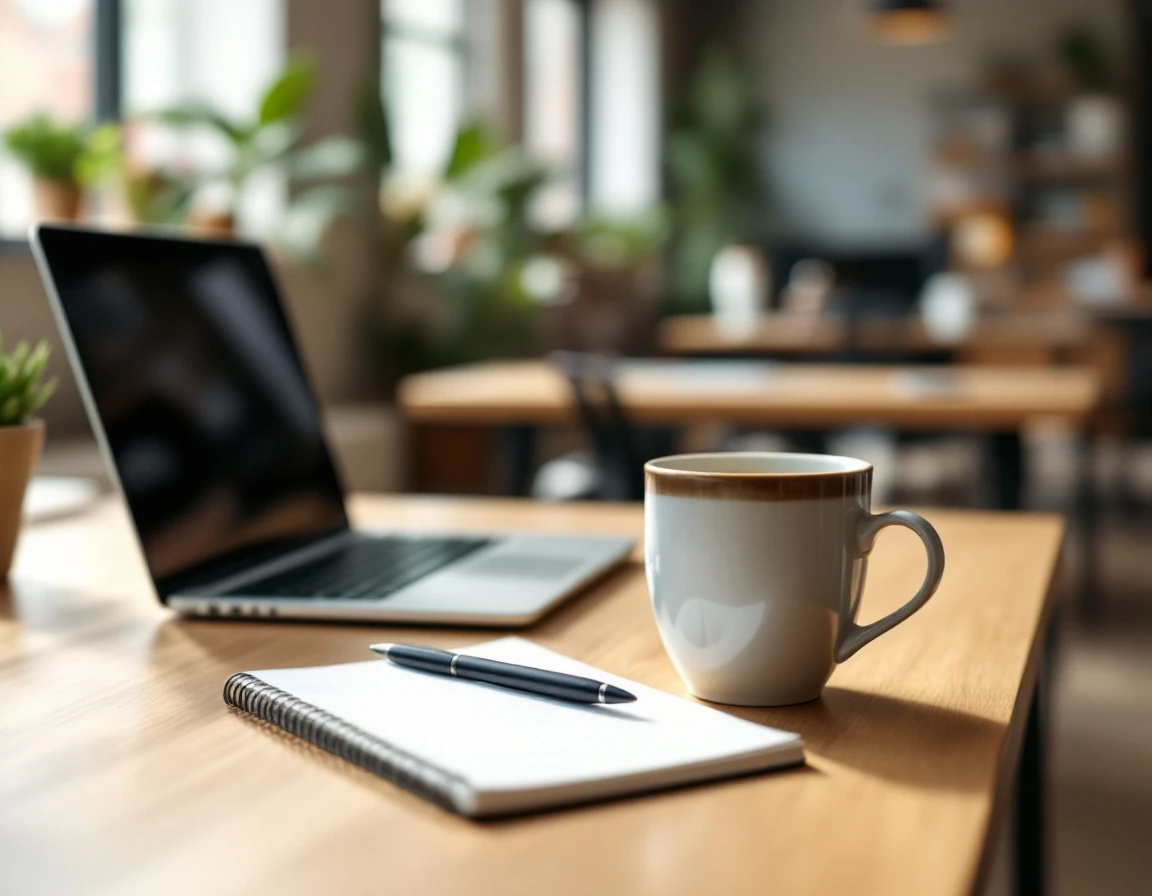 Clean organized desk setup with laptop, notepad, and coffee mug ready for new employee's first day