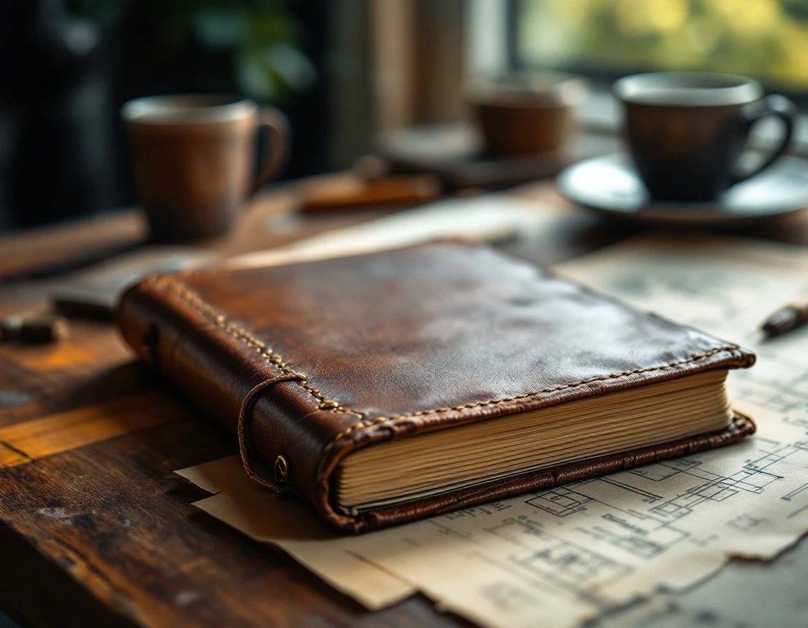 Leather-bound journal with coffee and sketching tools on wooden desk representing expertise documentation