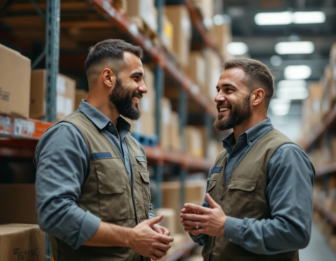Two warehouse employees in authentic training discussion among inventory shelves