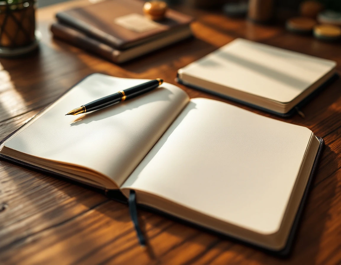 Empty leather notebooks and journals arranged on wooden desk with fountain pen for knowledge capture