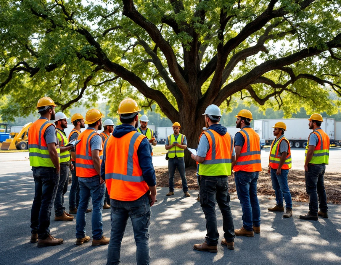 Construction workers in safety gear gathered under tree for outdoor safety training meeting