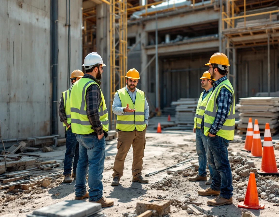 Construction workers in safety gear receiving heat safety training on an outdoor industrial worksite