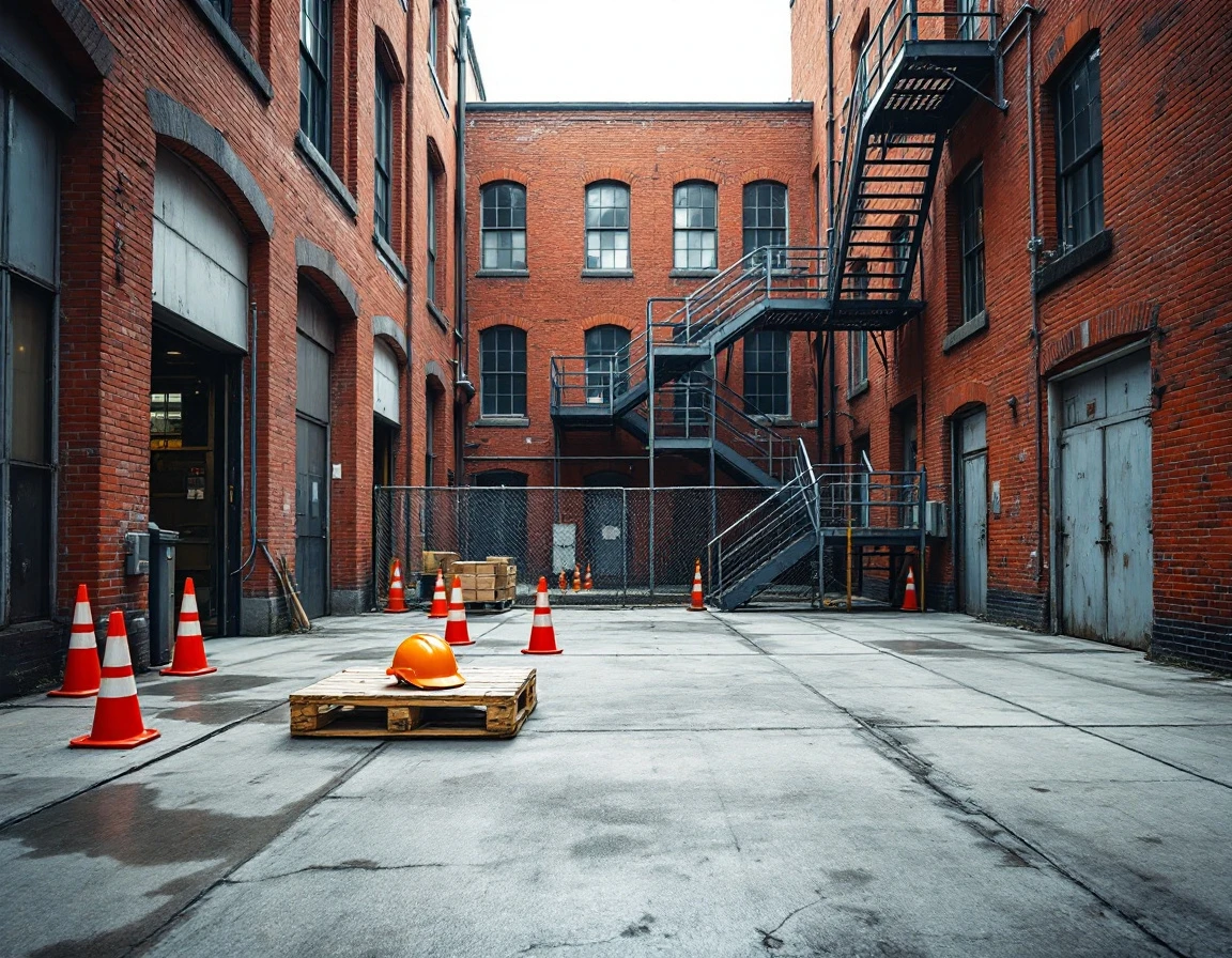 Industrial courtyard with safety equipment and weathered brick warehouses under natural overcast lighting