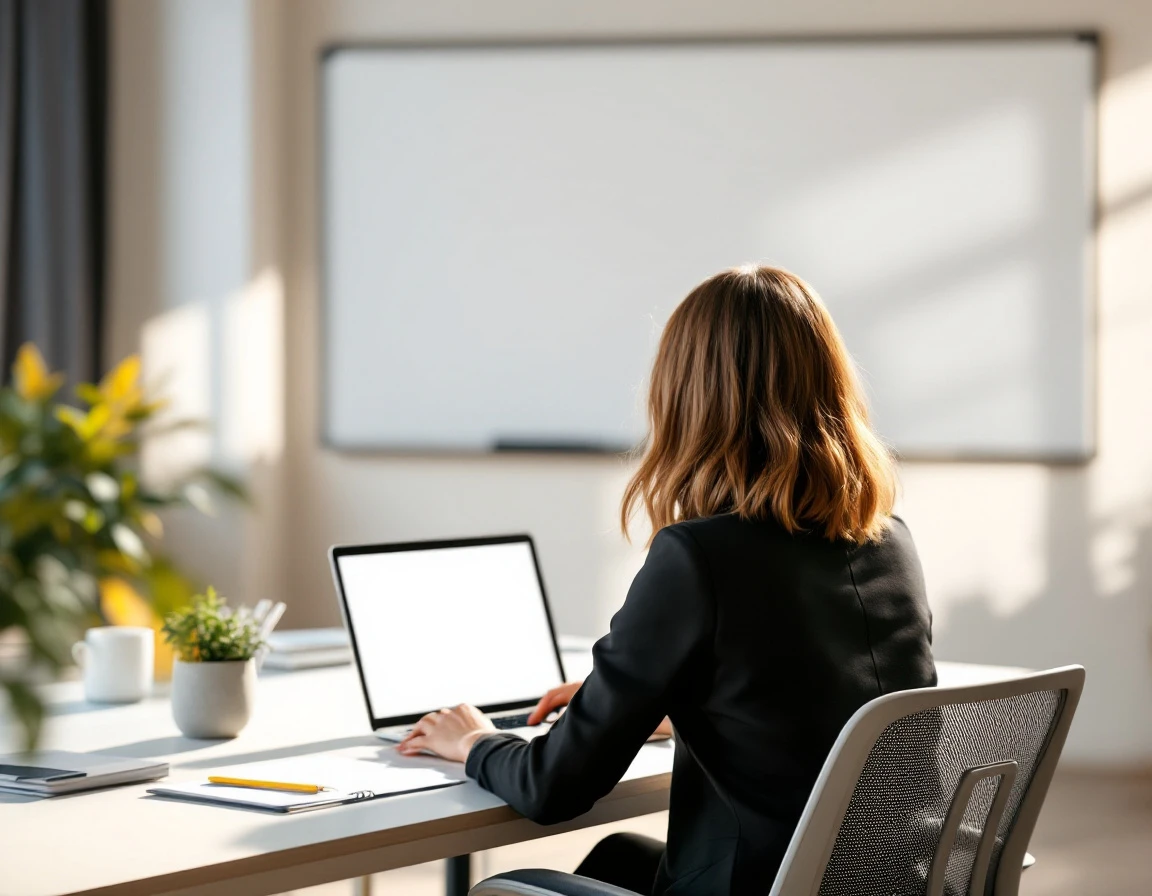 Professional working at organized desk in bright office with laptop and blank papers