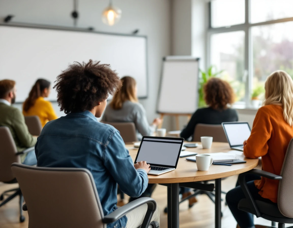 Nonprofit volunteers in modern training room using laptops for online learning program