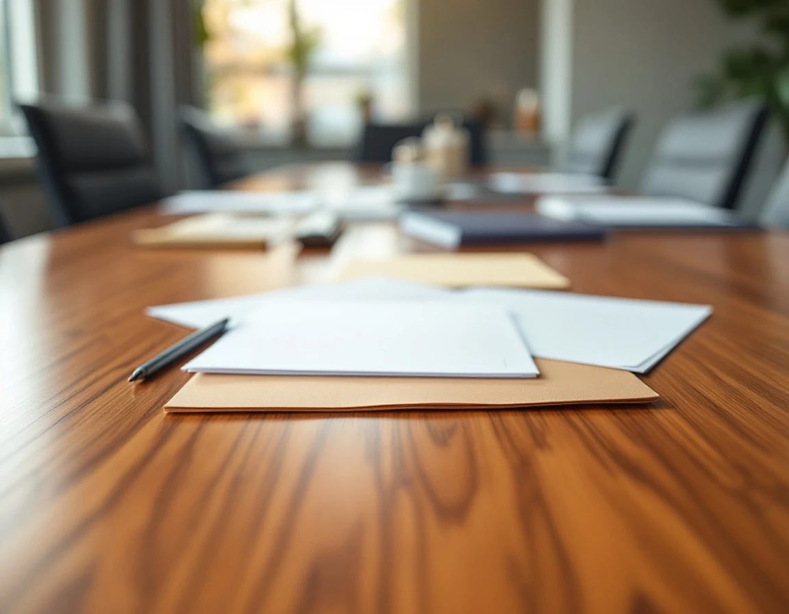 Conference table with blank business documents and papers in professional office training environment