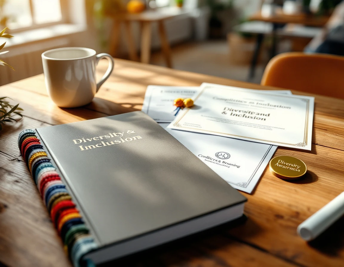Diversity training materials and compliance certificates arranged on an office desk with natural lighting