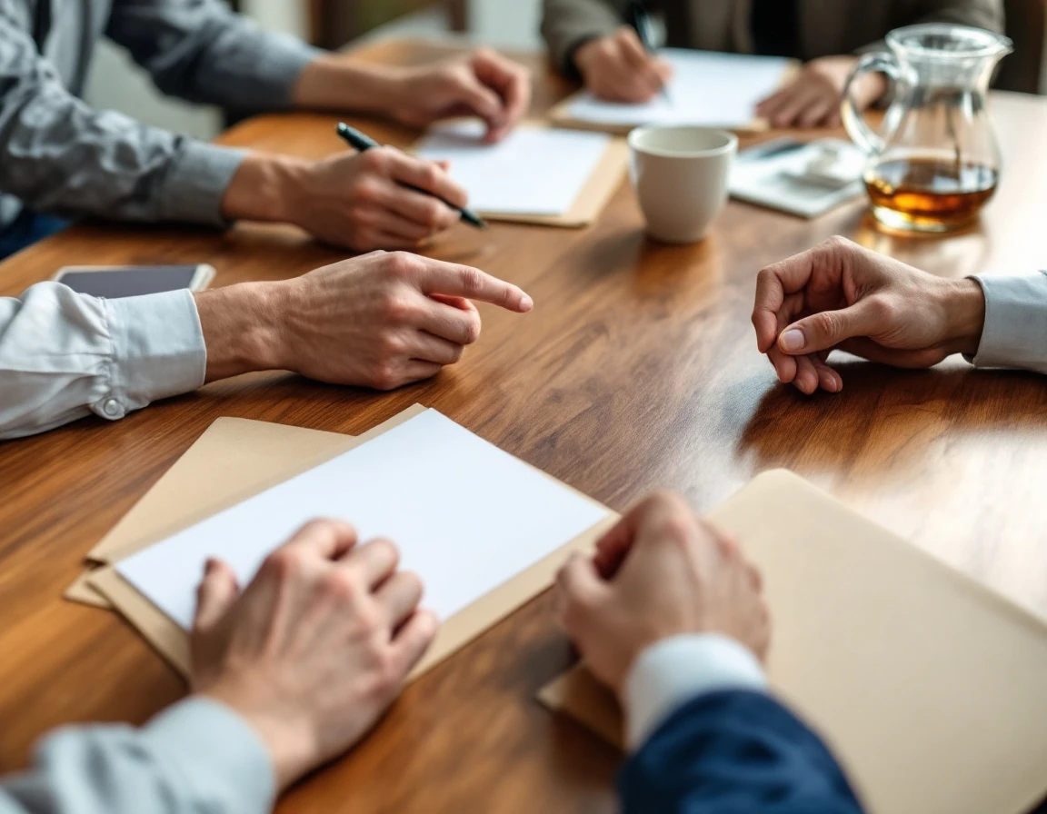 Diverse professional hands around conference table during workplace compliance training discussion