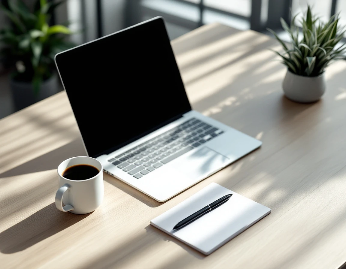 Clean minimalist workspace with closed laptop and coffee mug representing organized compliance planning