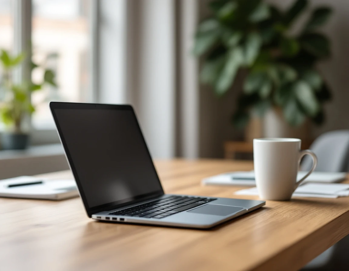 Clean professional desk with closed laptop and coffee mug in natural office lighting
