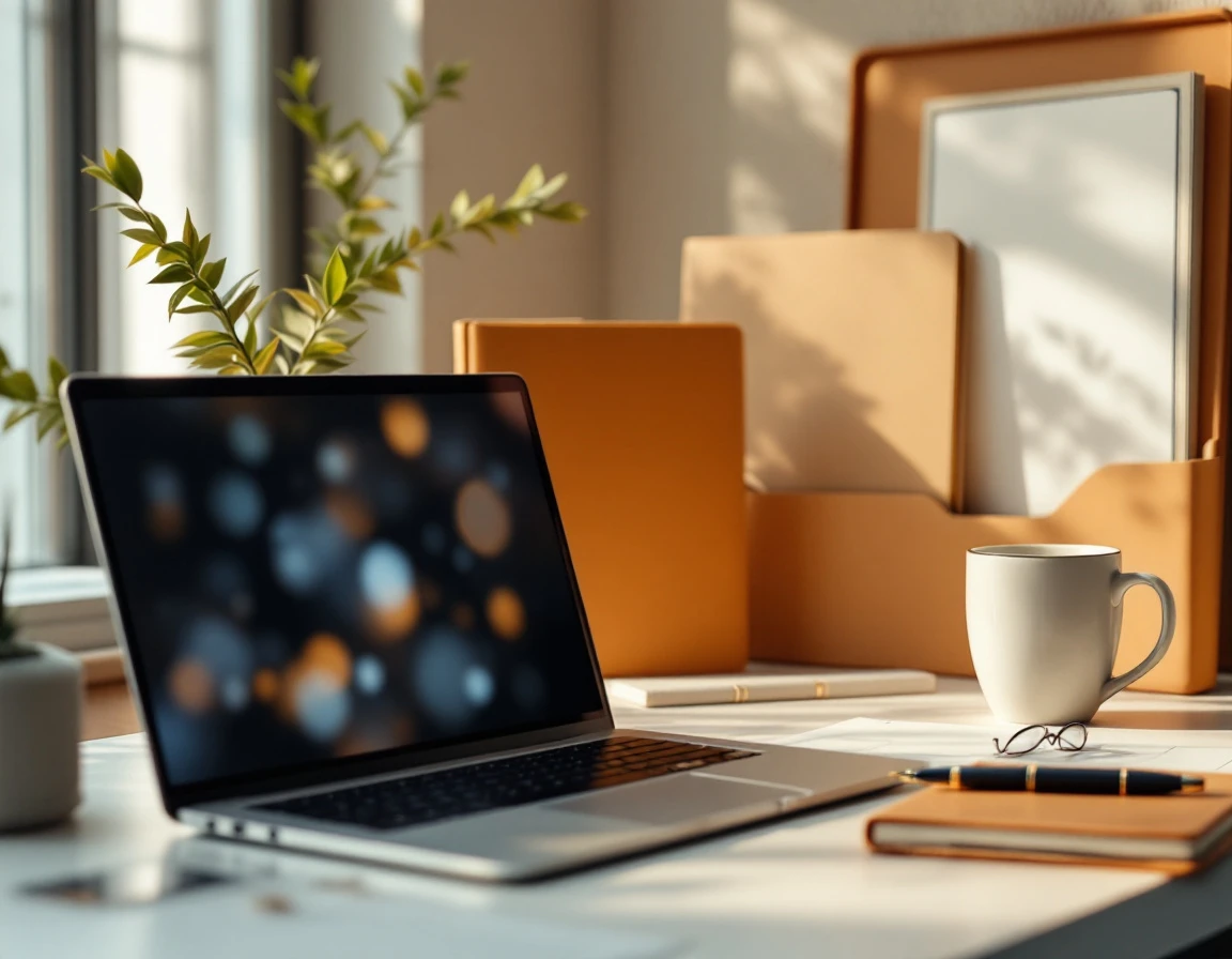 Professional desk workspace with laptop, notebook, and compliance training materials in organized arrangement