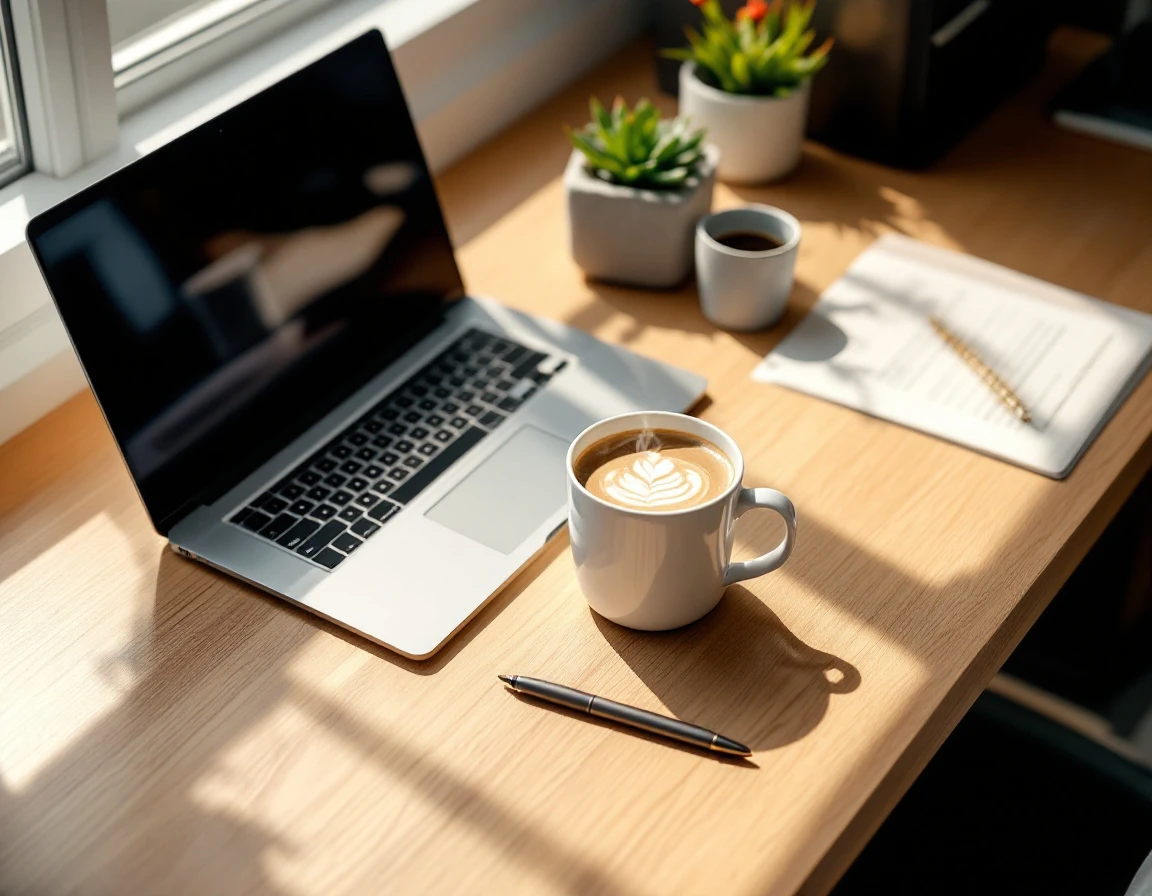 Modern workspace with laptop, coffee, and office supplies in natural morning light