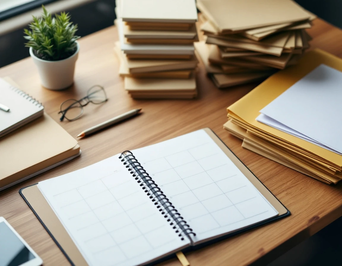 Organized desk with stacked folders, planner, and office materials arranged for systematic compliance review