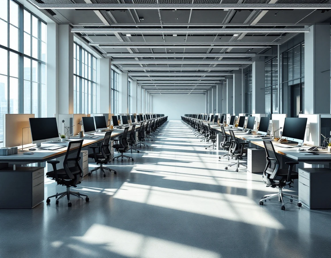 Symmetrical training stations arranged uniformly across a modern corporate learning facility