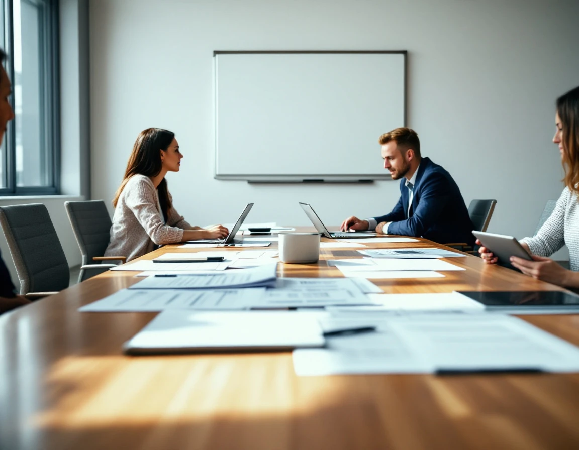 Business professionals collaborating around conference table with training materials during planning meeting