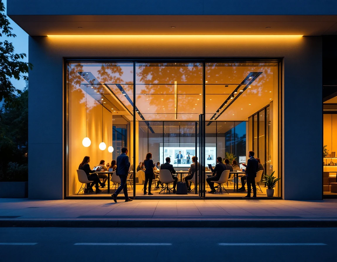 Modern retail storefront at dusk with illuminated interior showing training activities through large windows