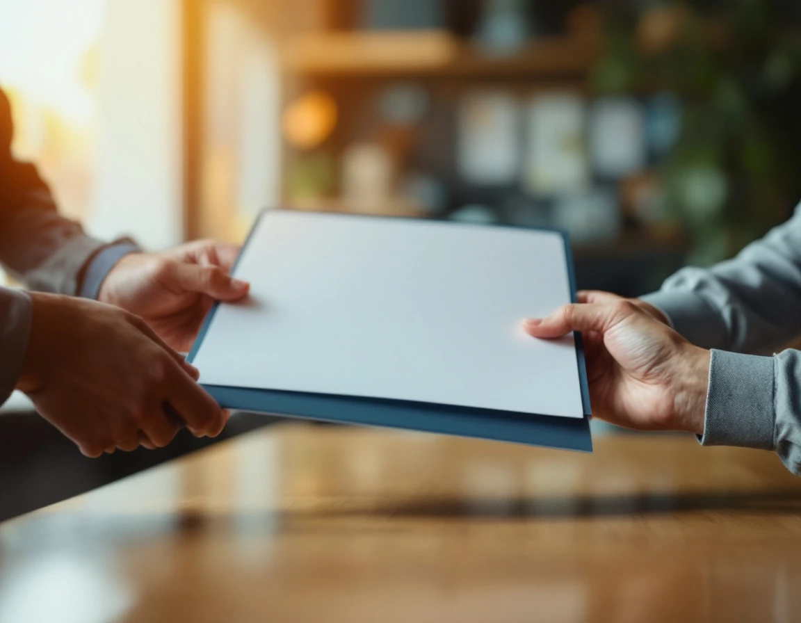 Two employees exchanging a referral folder across a table in a retail office setting