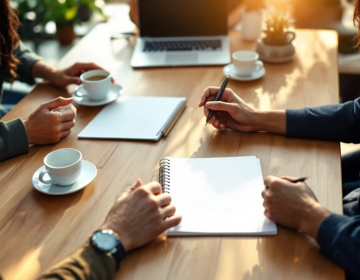 Hands gesturing during collaborative meeting over workspace table with coffee cups and closed notebooks