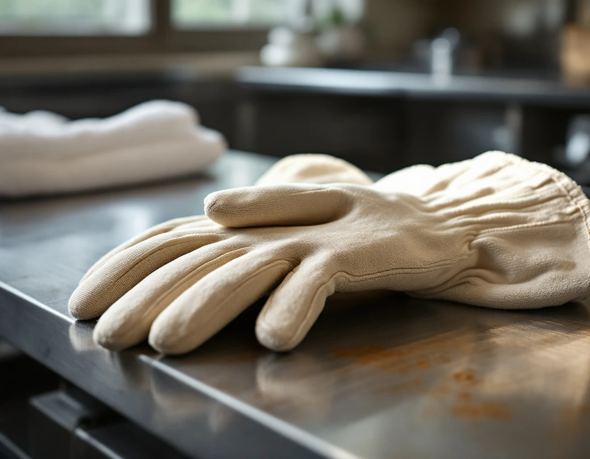 Work gloves on stainless steel prep counter in commercial kitchen environment