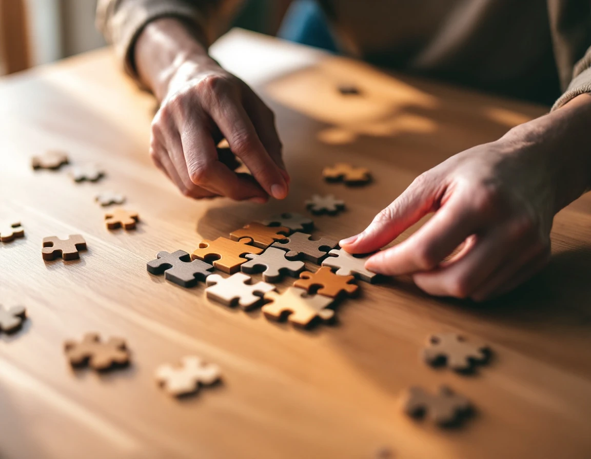 Hands assembling puzzle pieces on wooden table representing employee talent discovery process