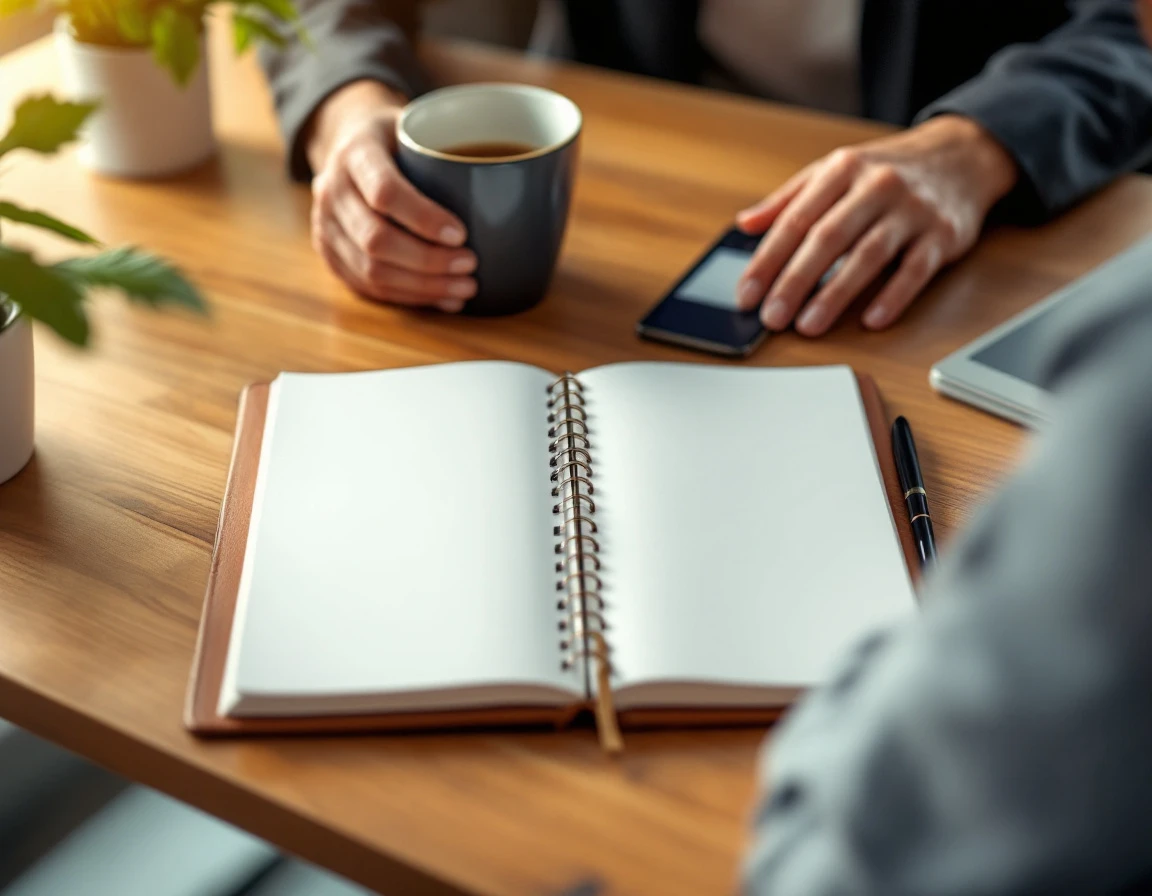 Overhead view of hands at wooden desk with blank notebook and coffee mug during employee onboarding session
