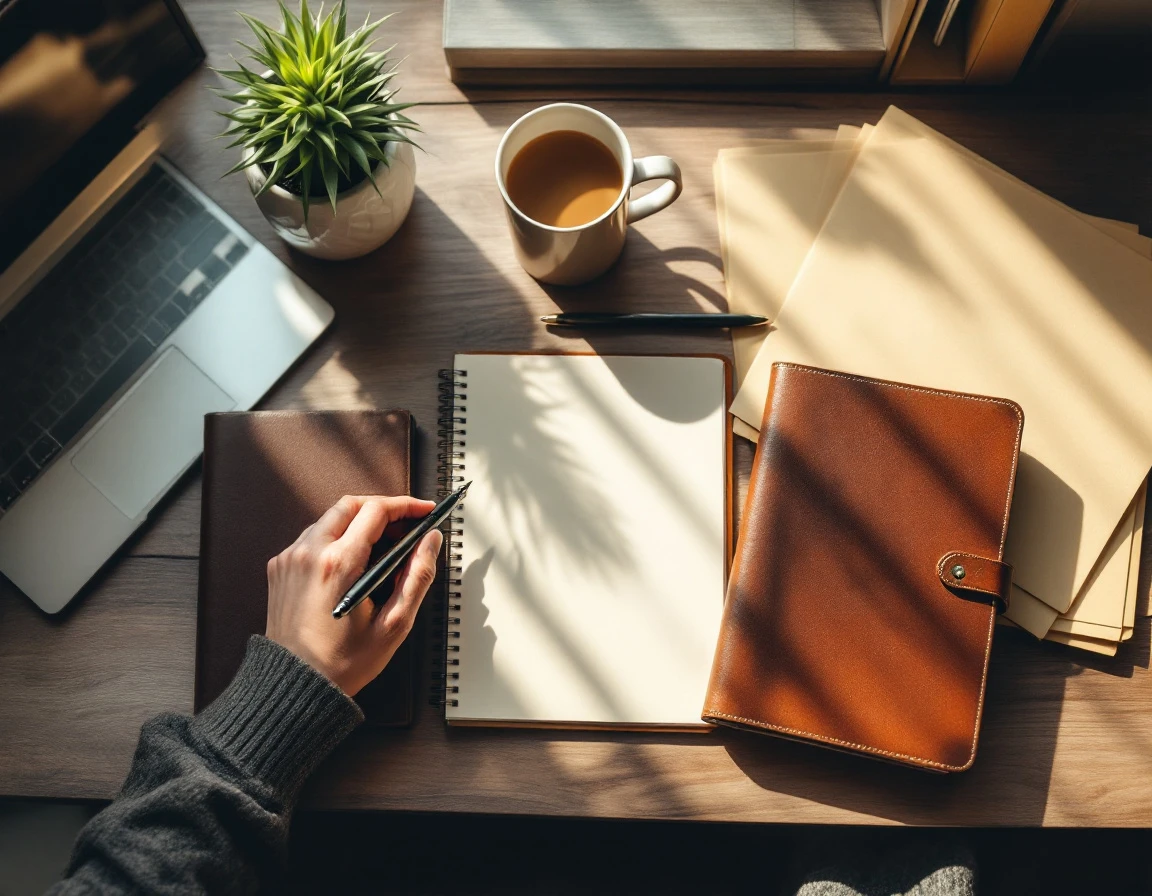 Training materials and coffee arranged on wooden desk surface with notebooks and office supplies