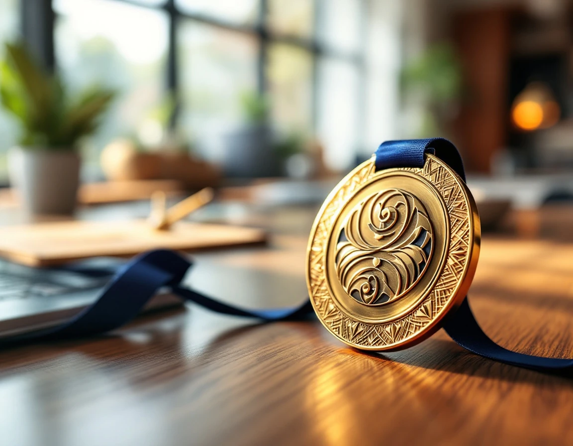 Gold medal award resting on wooden desk in corporate office setting
