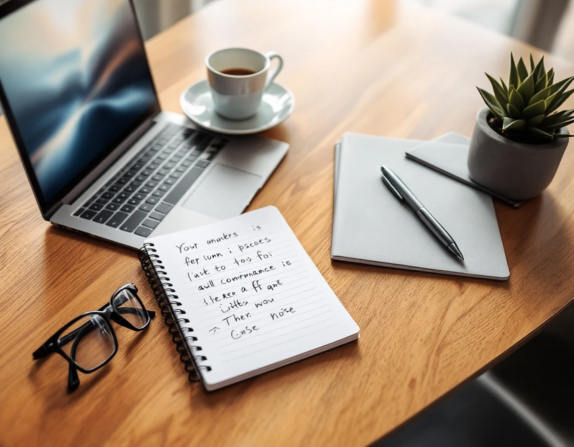 Professional desk workspace with open notebook, laptop, and coffee representing employee development planning
