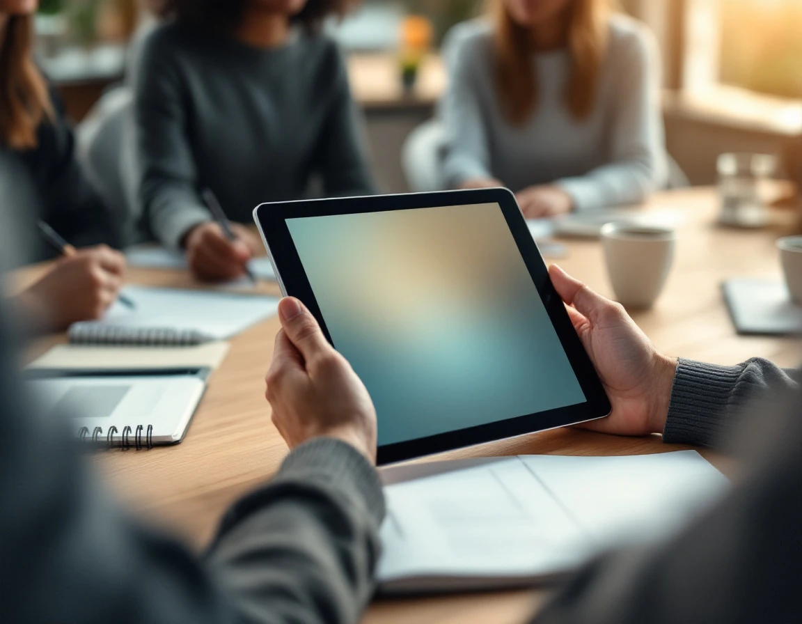 Hands holding tablet during professional training session with materials on conference table